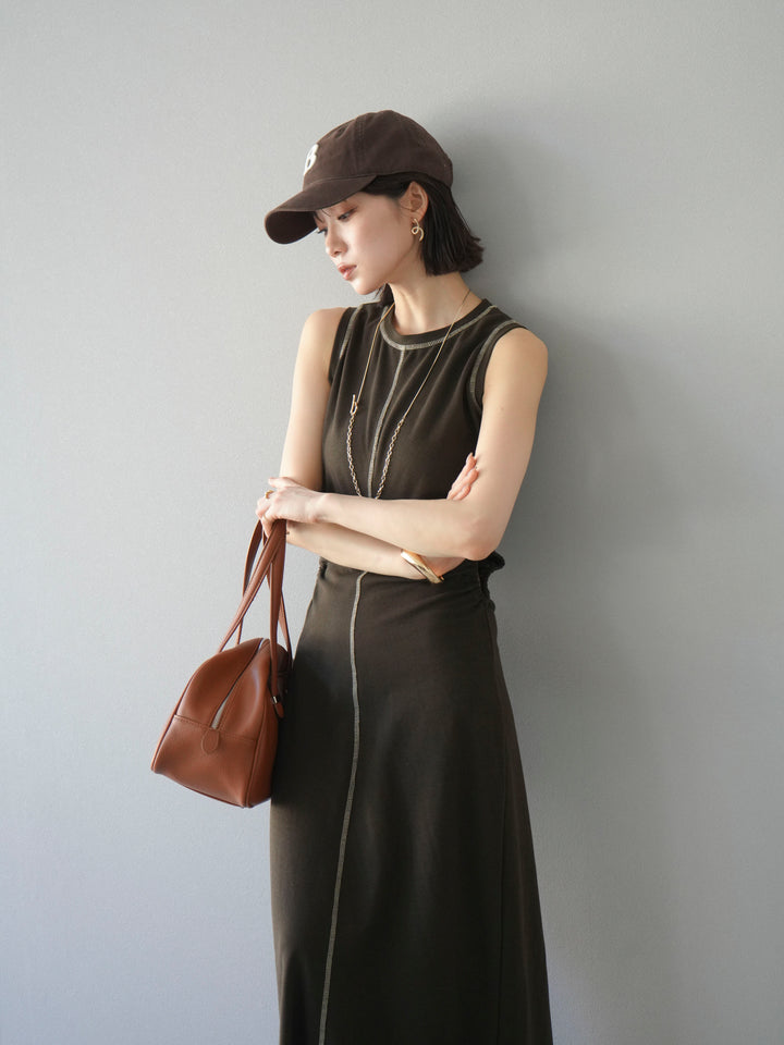 [予約]ウエストオープンステッチカットワンピース/ブラウン