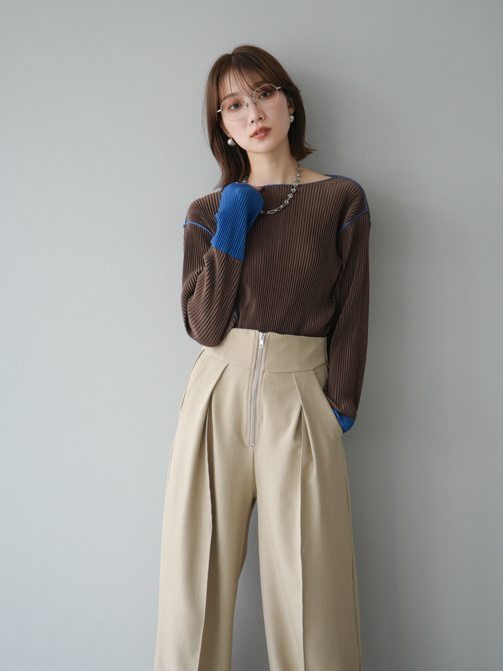 [予約]バイカラープリーツトップス/ブラウン