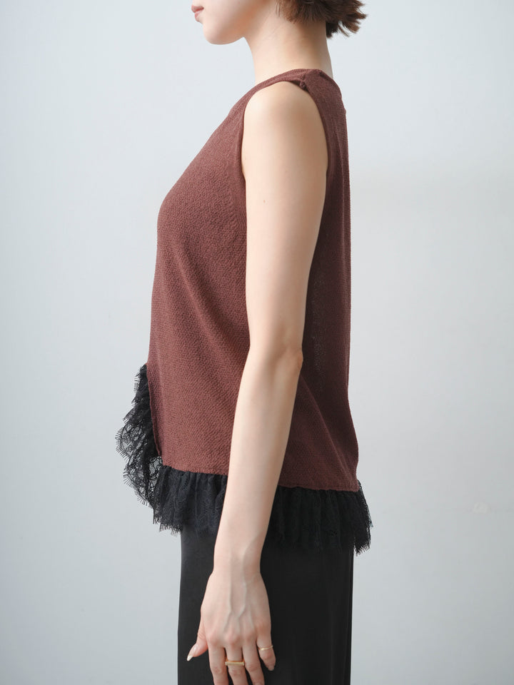 [予約]レースドッキングノースリニットトップス/brown