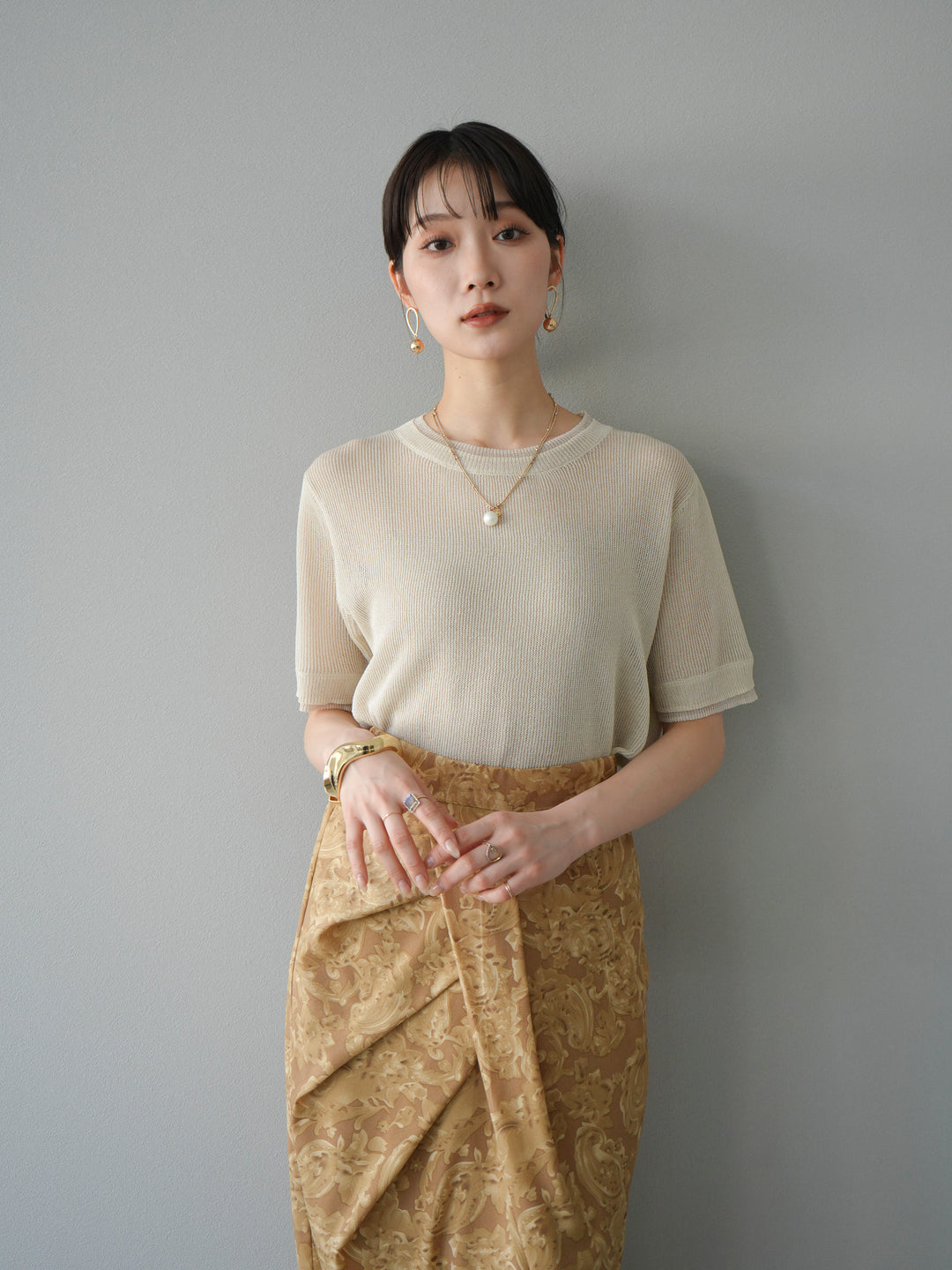 [SET]リネンタッチ配色二重臼ハーフニットトップス+選べるアソート柄スカートセット(2set)