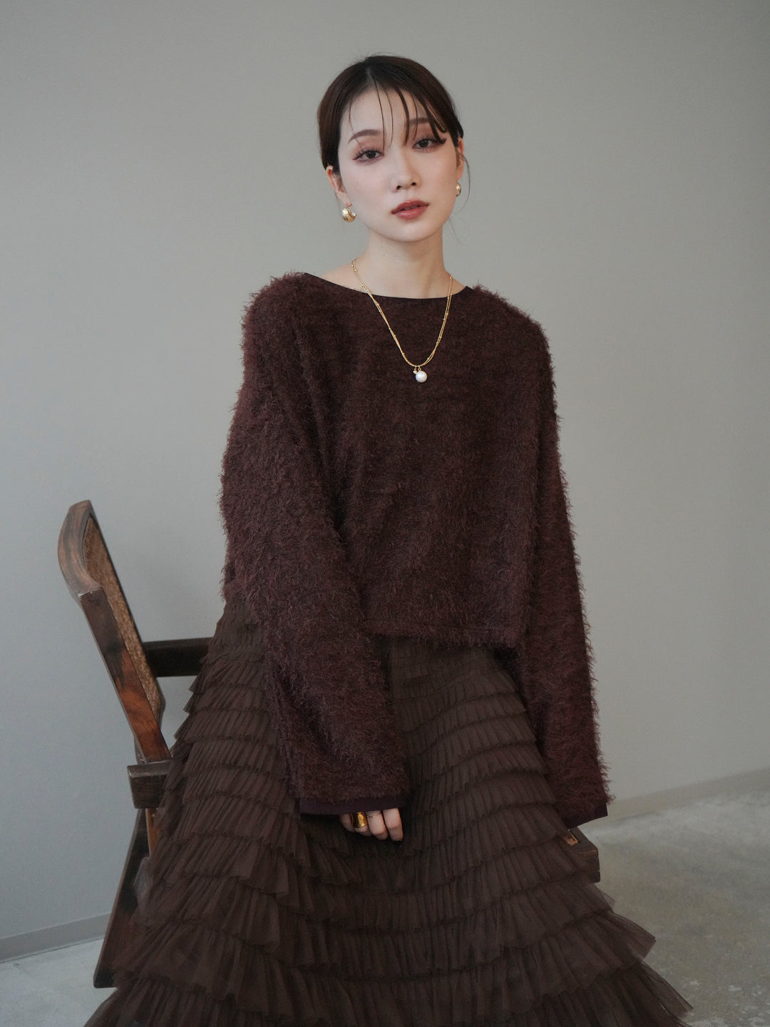 [予約]バイカラー2WAYシャギーニットカーディガン/brown