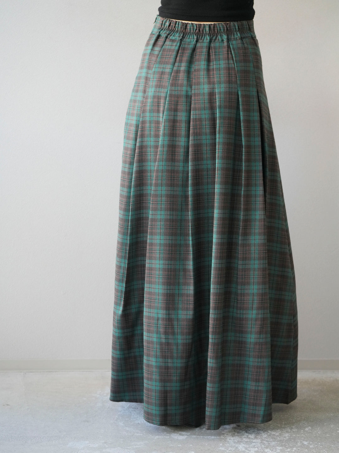 [予約]チェック柄タックフレアスカート/グリーン