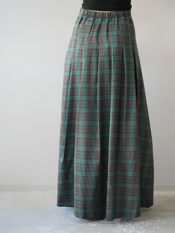 [予約]チェック柄タックフレアスカート/グリーン