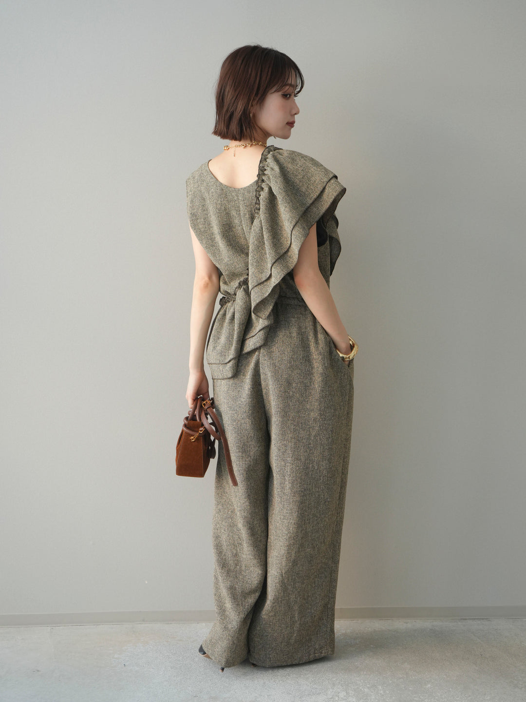 [SET]3WAYミックスツイードギャザーオールインワン+選べるアクセセット(2set)