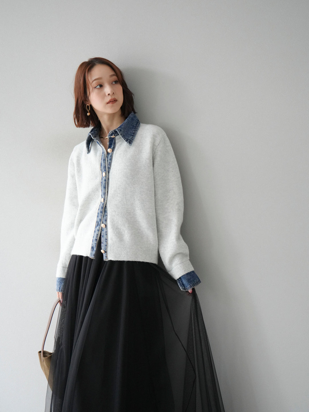 [予約]デニム襟ボタンニットカーディガン/オートミール