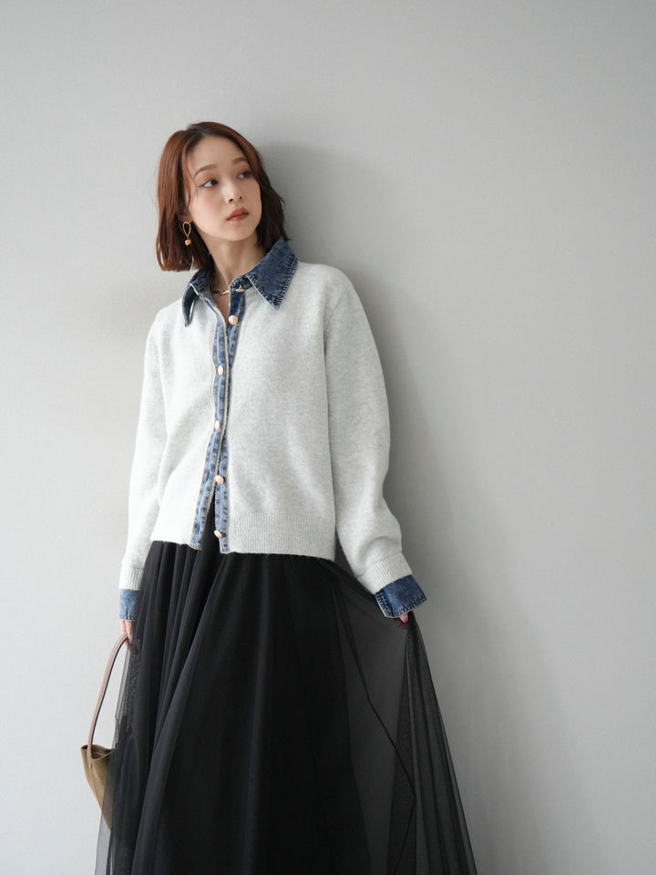 [予約]デニム襟ボタンニットカーディガン/オートミール