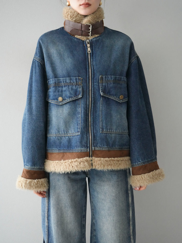 [予約]スタンドカラーファー×デニムジャケット/blue