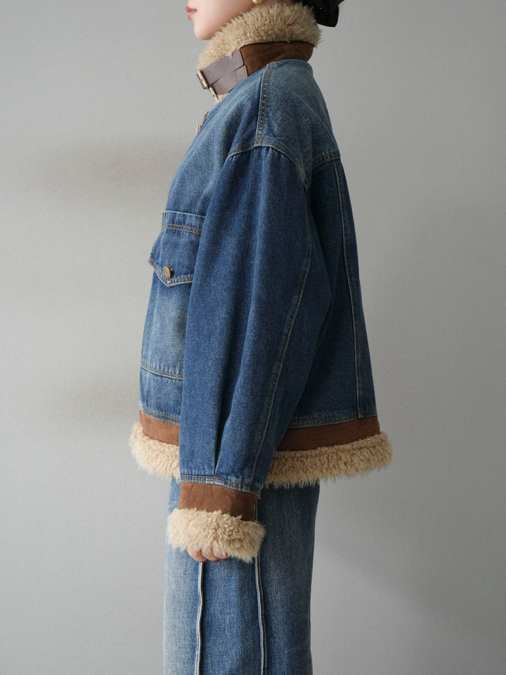 [予約]スタンドカラーファー×デニムジャケット/blue