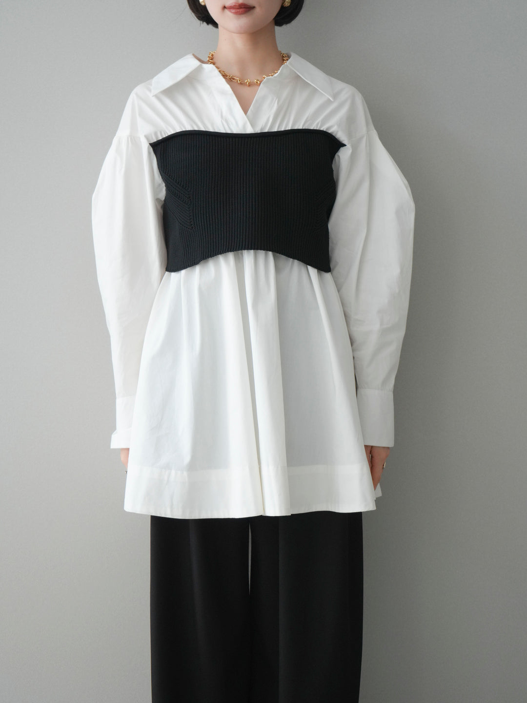 [予約]ニットビスチェドッキングフレアシャツチュニック/offwhite