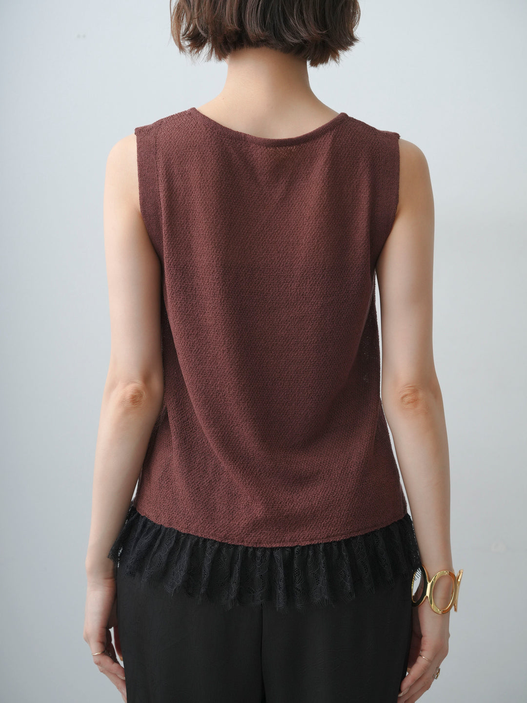 [予約]レースドッキングノースリニットトップス/brown
