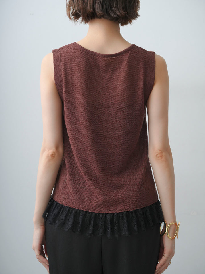 [予約]レースドッキングノースリニットトップス/brown