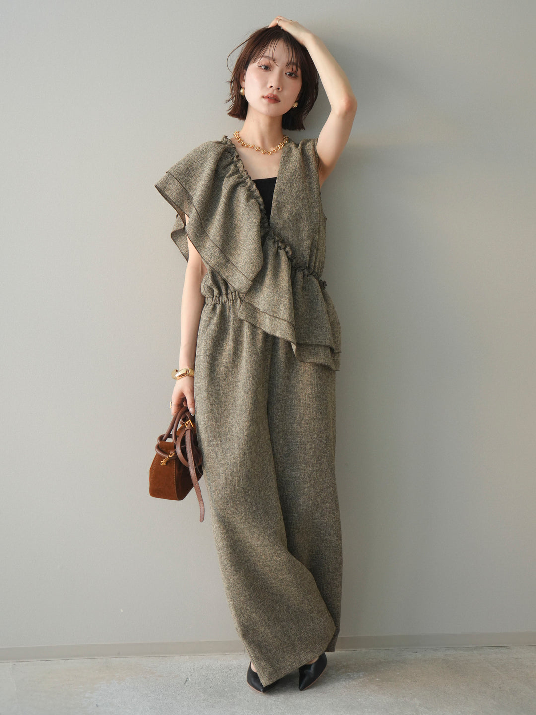 [SET]3WAYミックスツイードギャザーオールインワン+選べるアクセセット(2set)