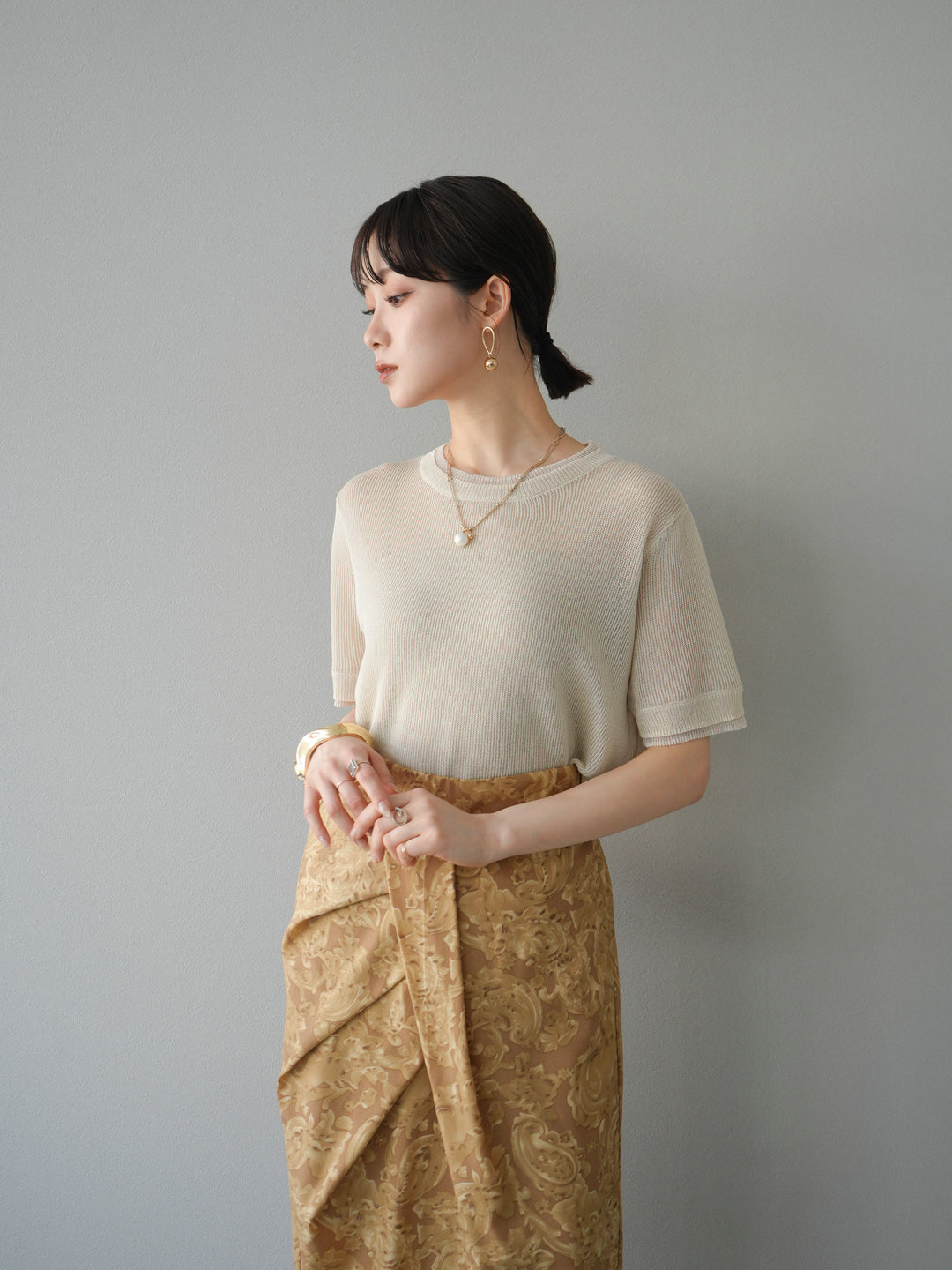 [SET]リネンタッチ配色二重臼ハーフニットトップス+選べるアソート柄スカートセット(2set)