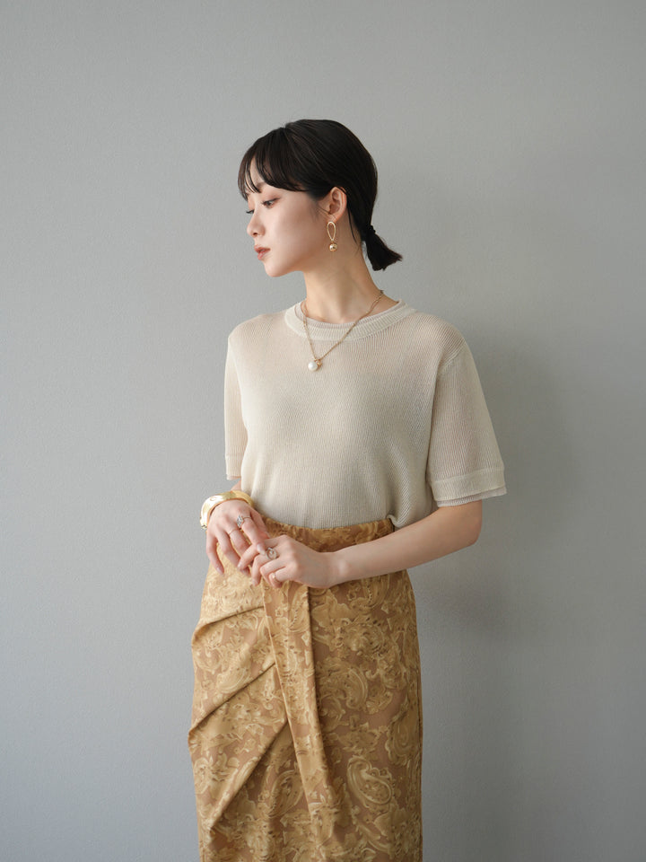 [SET]リネンタッチ配色二重臼ハーフニットトップス+選べるアソート柄スカートセット(2set)