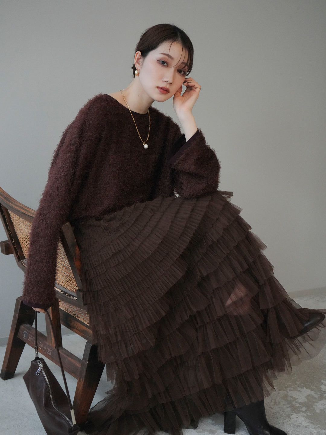 [予約]バイカラー2WAYシャギーニットカーディガン/brown