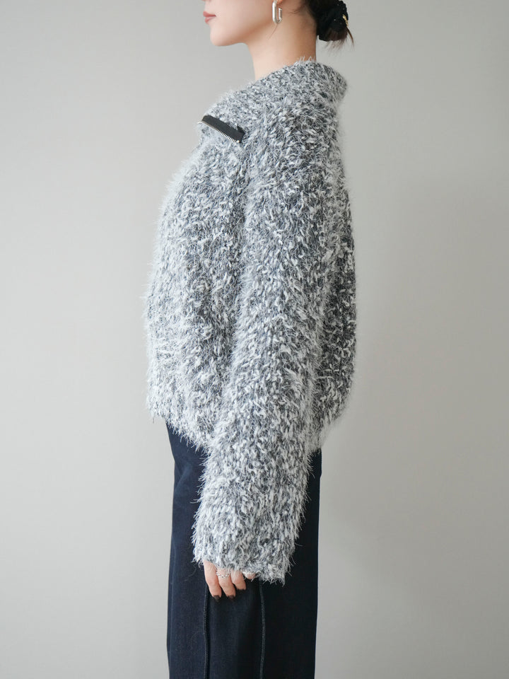 [予約]ミックスシャギージップニットカーディガン/black