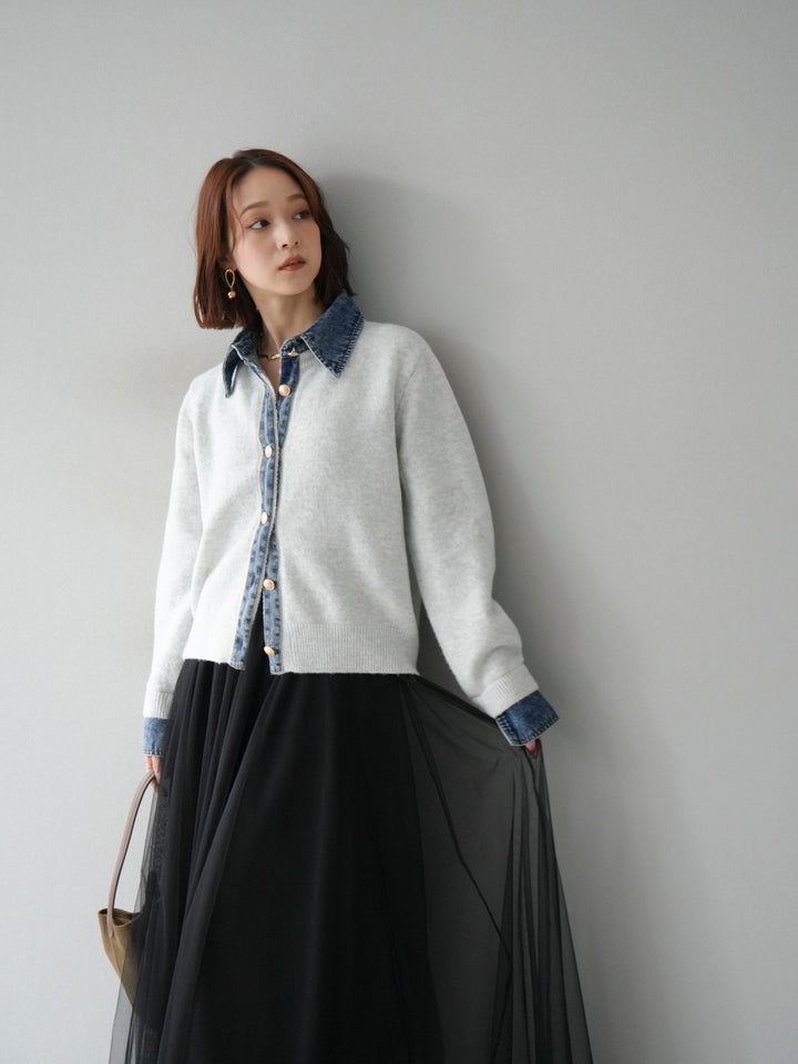[予約]デニム襟ボタンニットカーディガン/オートミール