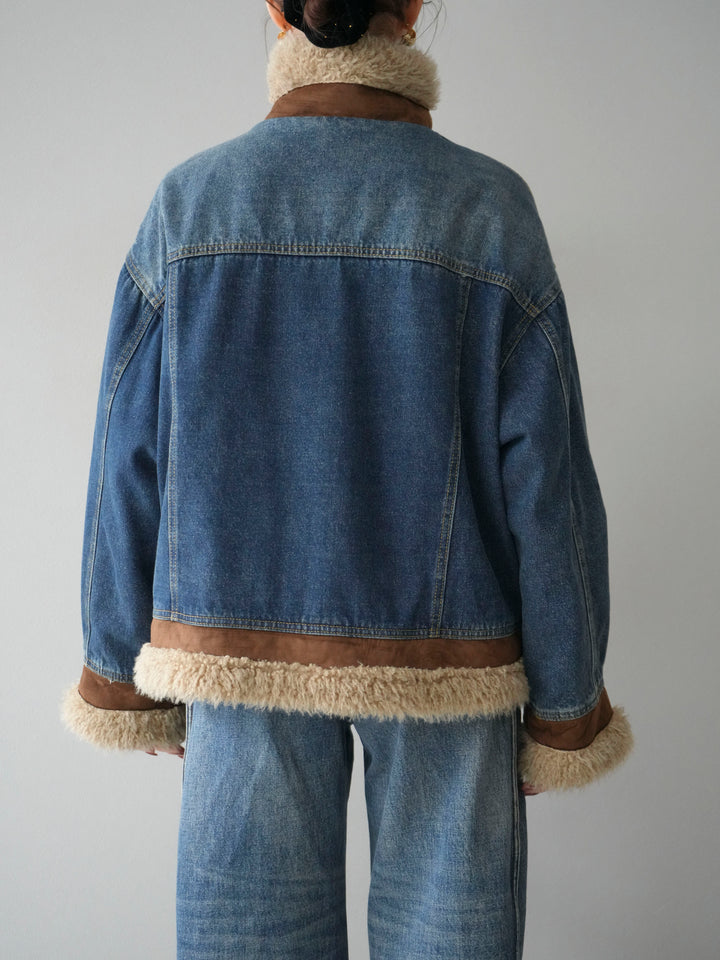 [予約]スタンドカラーファー×デニムジャケット/blue
