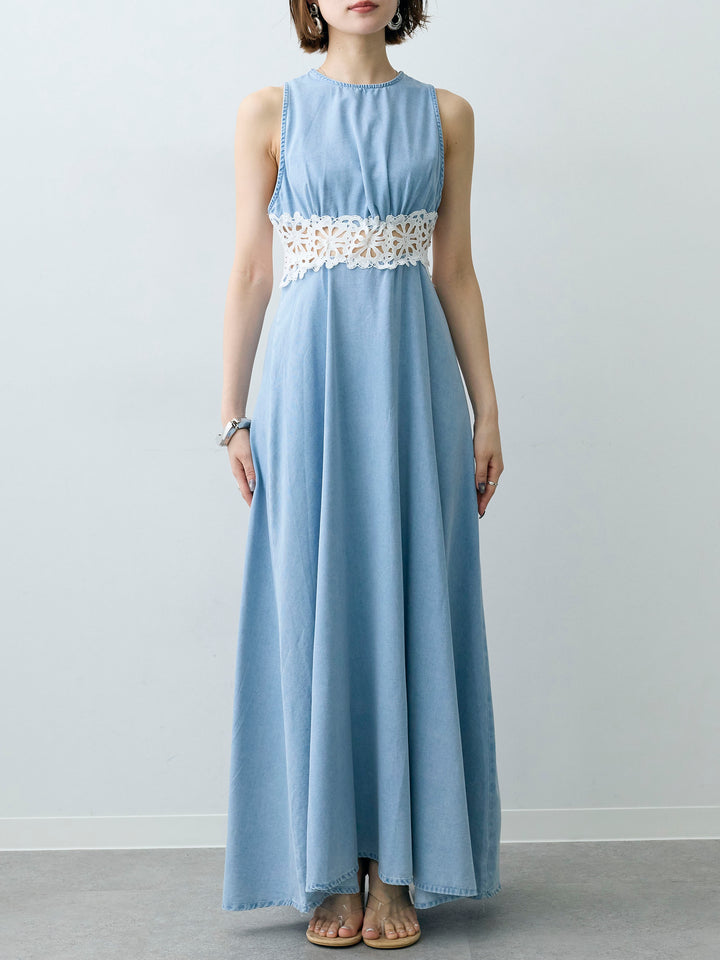 [予約]バックオープンレースデニムワンピース/lightblue