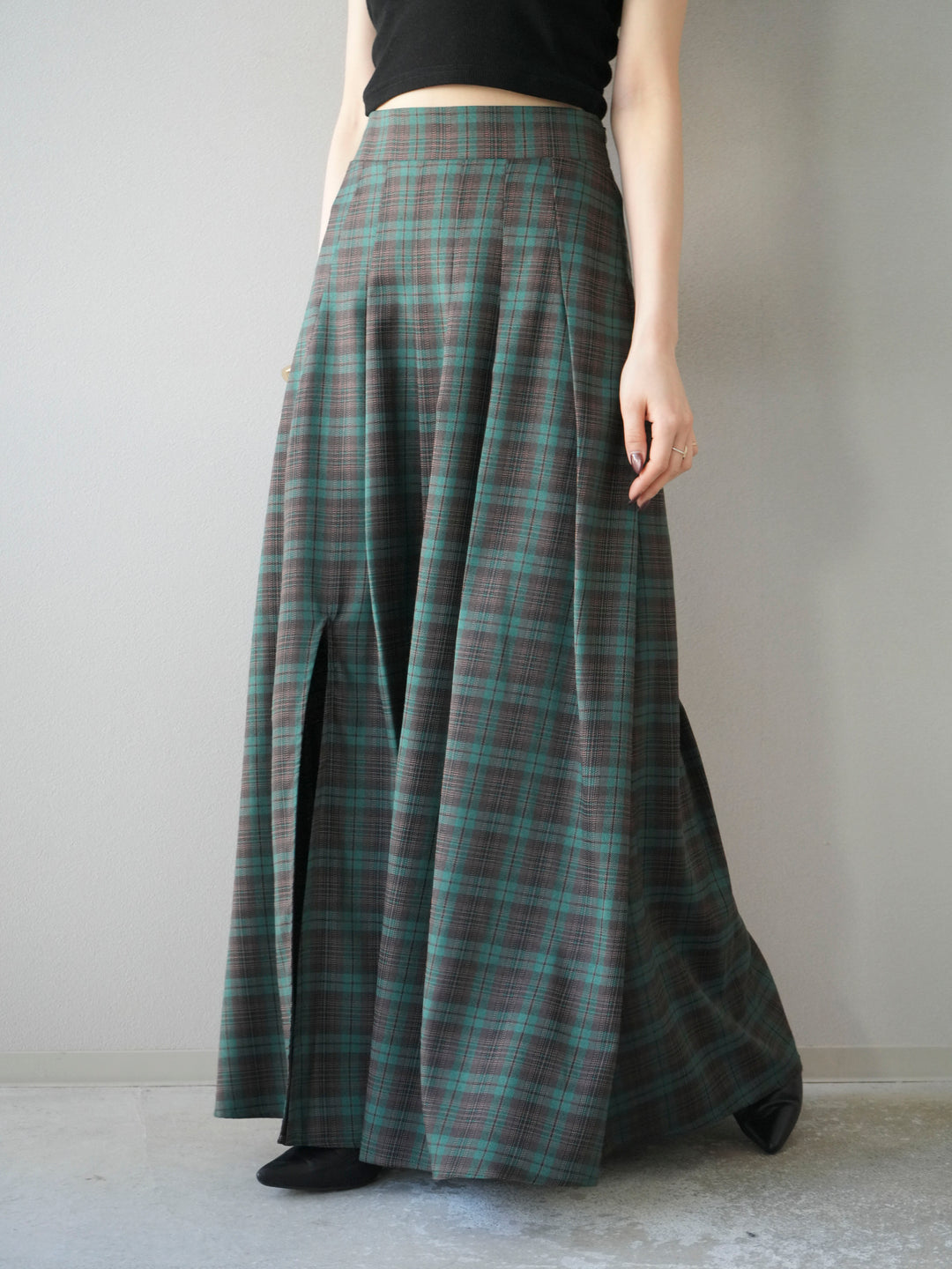 [予約]チェック柄タックフレアスカート/グリーン