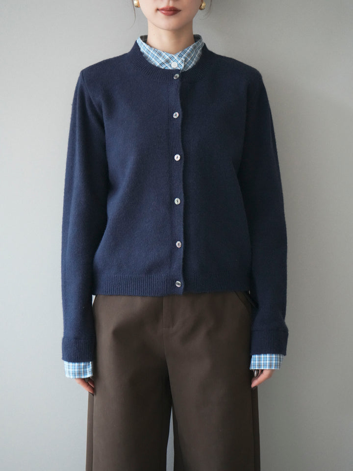 [予約]チェックシャツレイヤードデザインニットカーディガン/navy