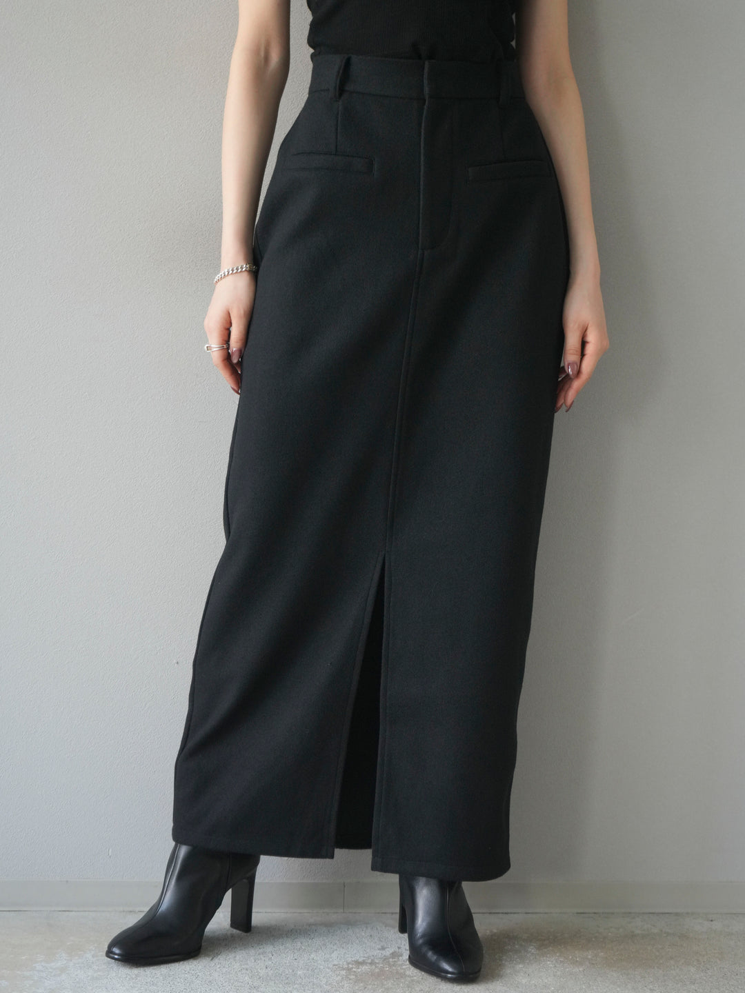 [予約]ウールタッチフロントスリットタイトスカート/black