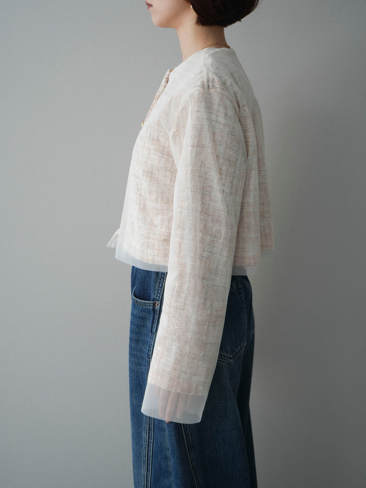 [予約]チュールレイヤードツイードクロップドジャケット/orange