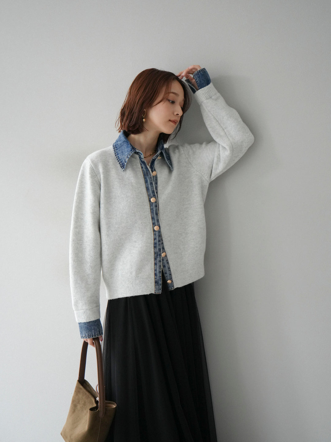 [予約]デニム襟ボタンニットカーディガン/オートミール