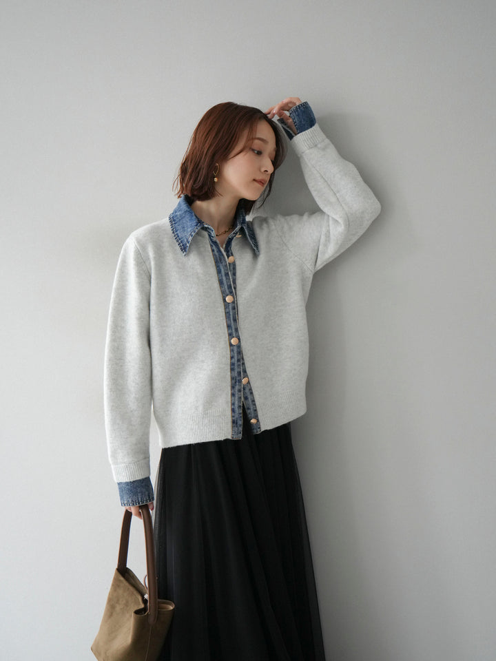 [予約]デニム襟ボタンニットカーディガン/オートミール