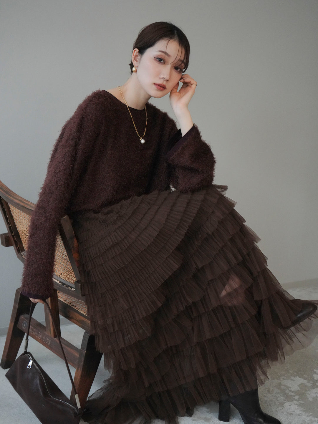 [予約]バイカラー2WAYシャギーニットカーディガン/brown