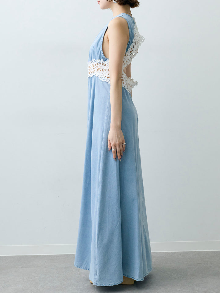 [予約]バックオープンレースデニムワンピース/lightblue