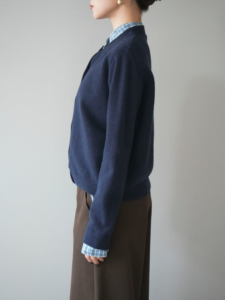 [予約]チェックシャツレイヤードデザインニットカーディガン/navy