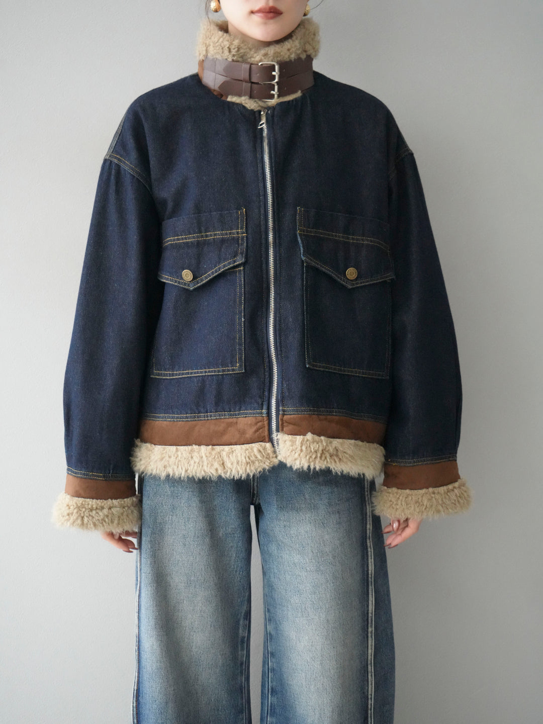 [予約]スタンドカラーファー×デニムジャケット/indigo