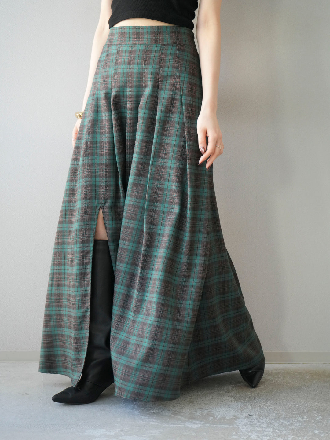 [予約]チェック柄タックフレアスカート/グリーン