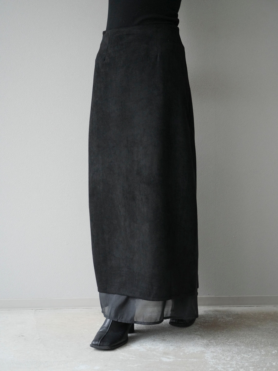 [予約]サイドスリットスウェードドッキングシフォンスカート/ブラック