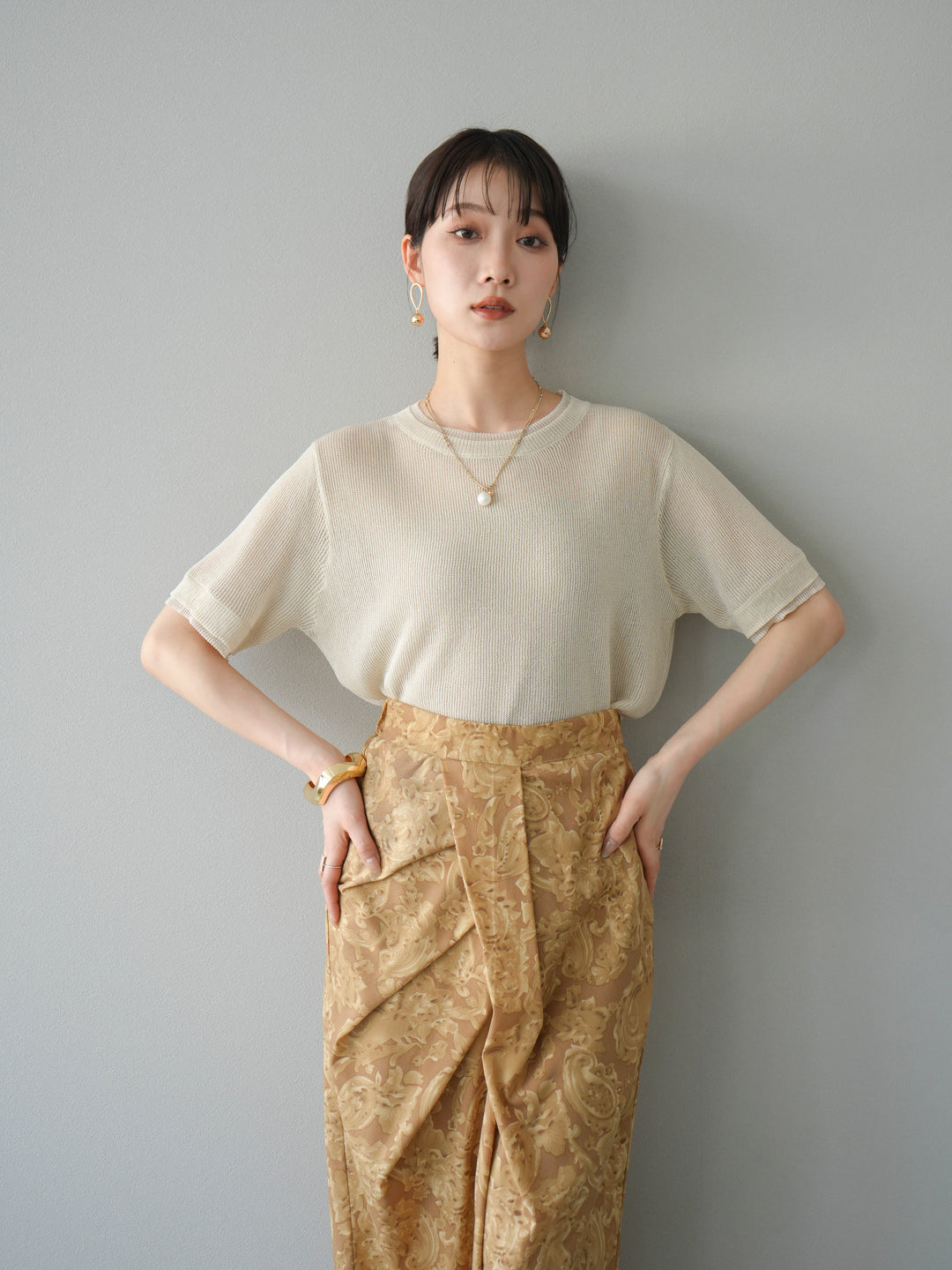 [SET]リネンタッチ配色二重臼ハーフニットトップス+選べるアソート柄スカートセット(2set)