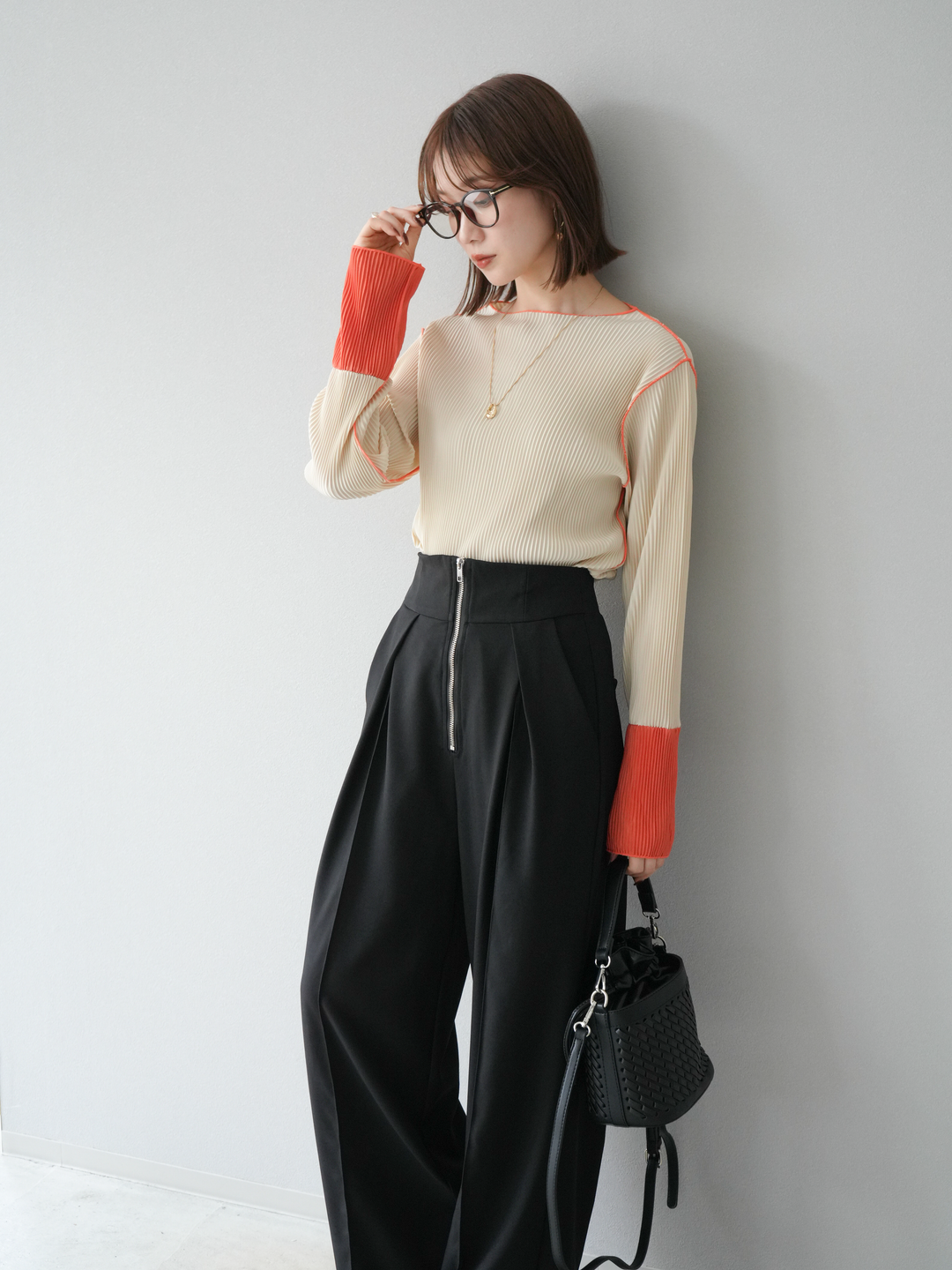 [予約]バイカラープリーツトップス/アイボリー