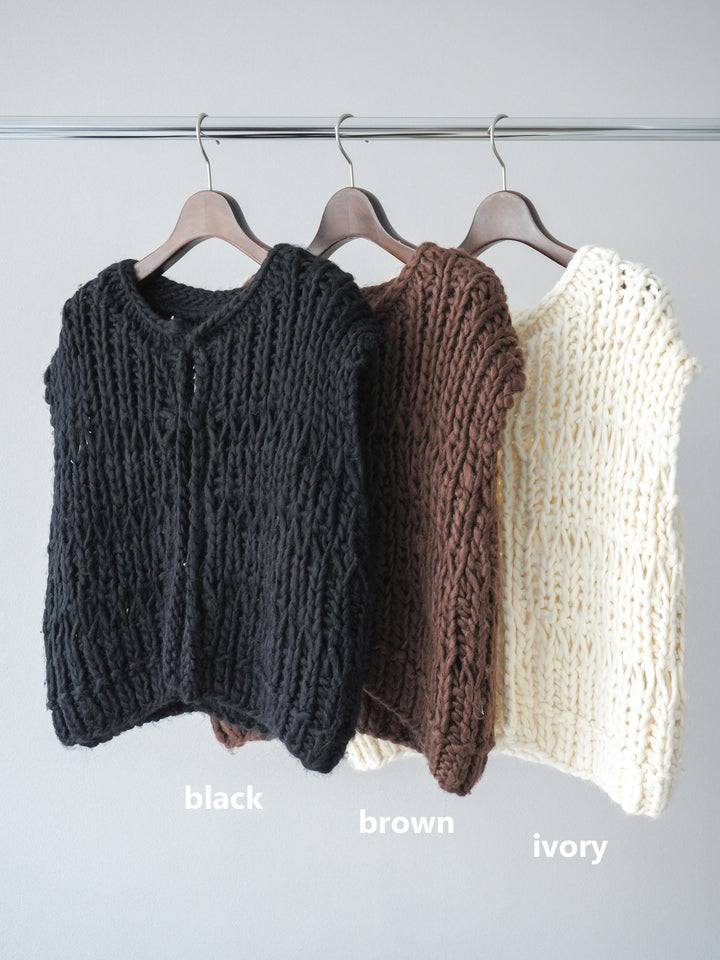 [SET] 手編繩結背心+粗花呢觸感褶皺寬褲（2件組）