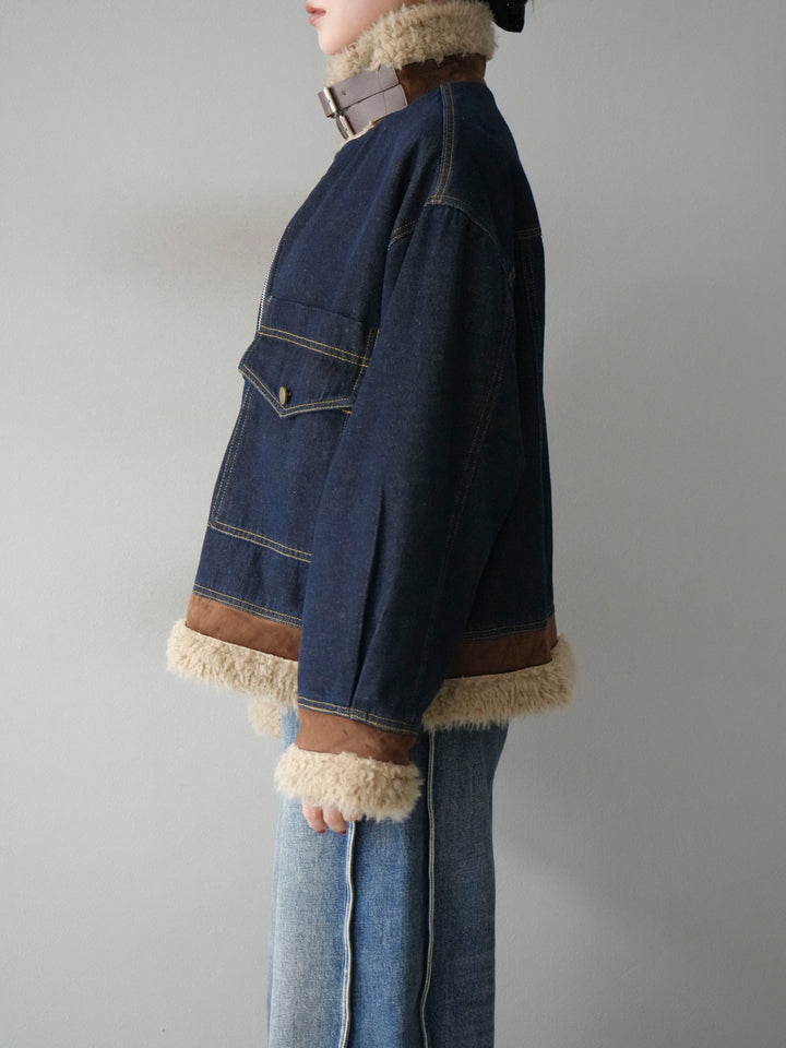 [予約]スタンドカラーファー×デニムジャケット/indigo