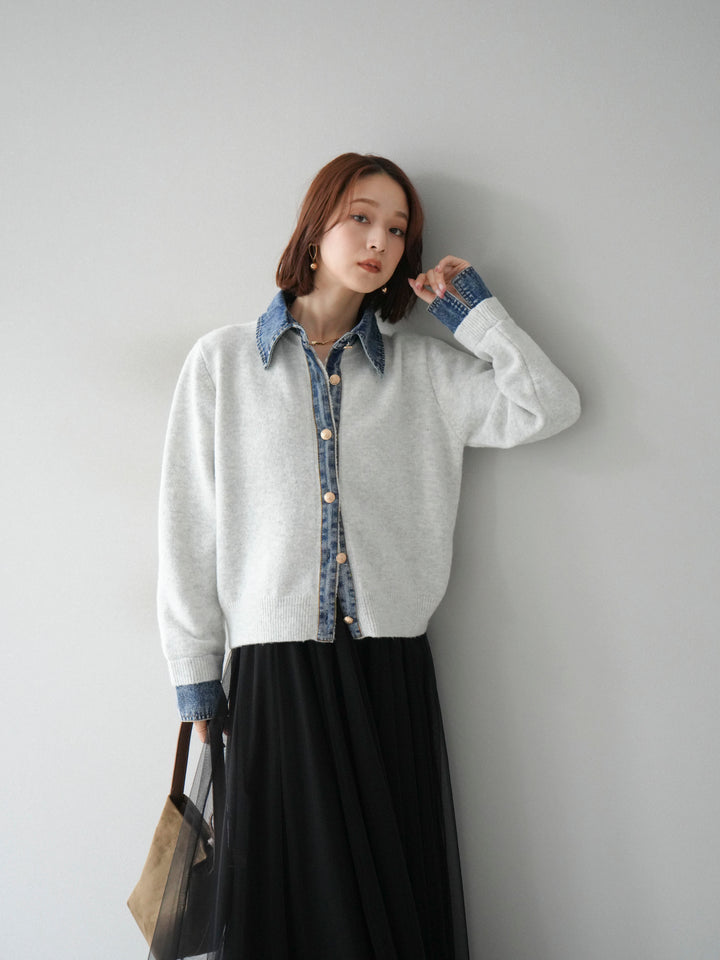 [予約]デニム襟ボタンニットカーディガン/オートミール