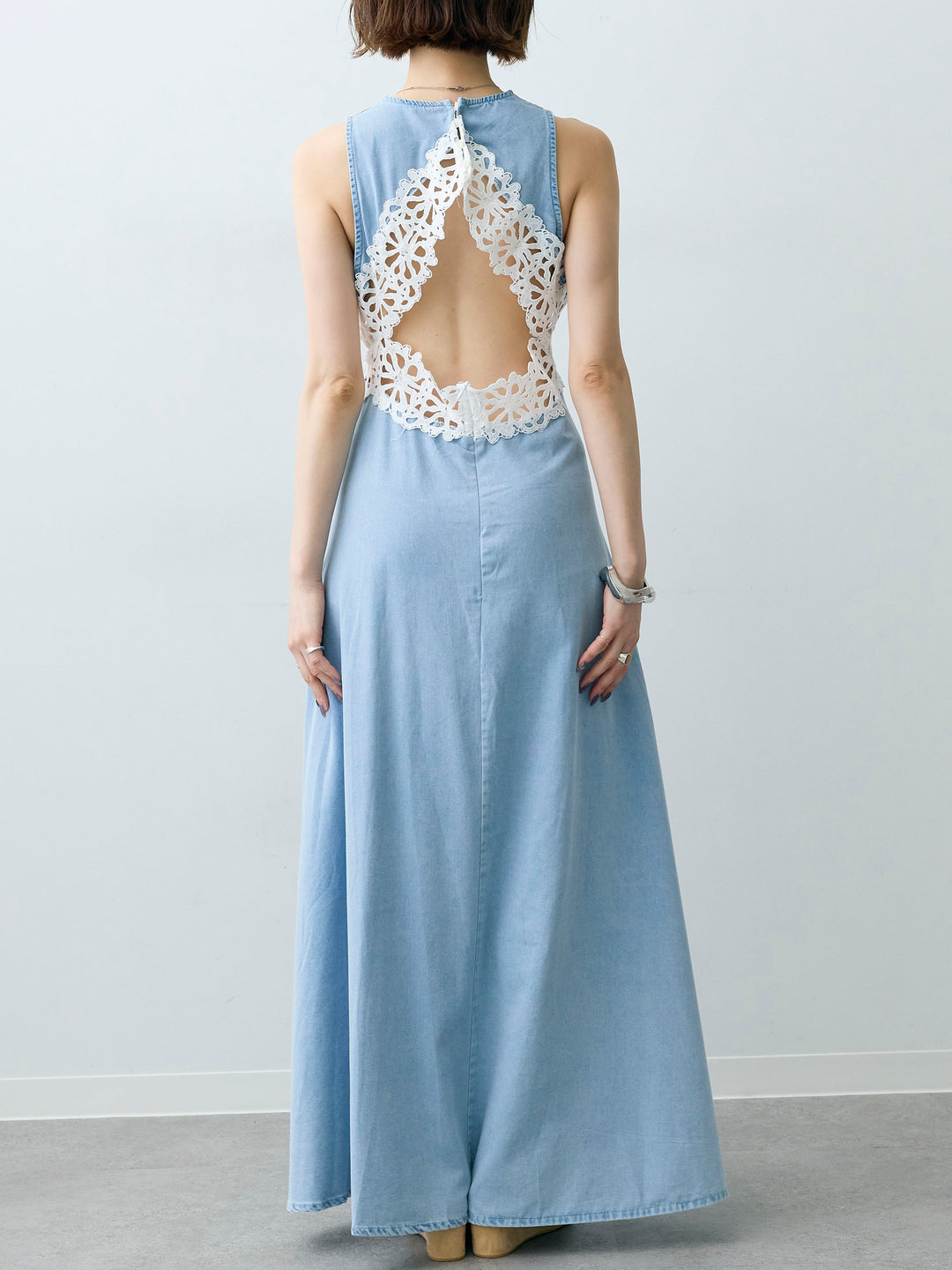[予約]バックオープンレースデニムワンピース/lightblue