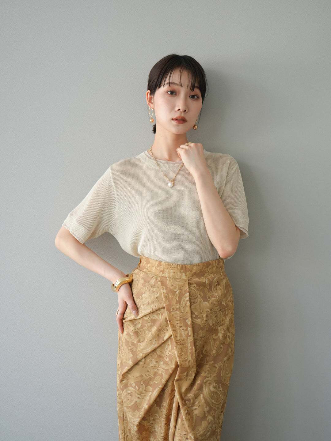 [SET]リネンタッチ配色二重臼ハーフニットトップス+選べるアソート柄スカートセット(2set)