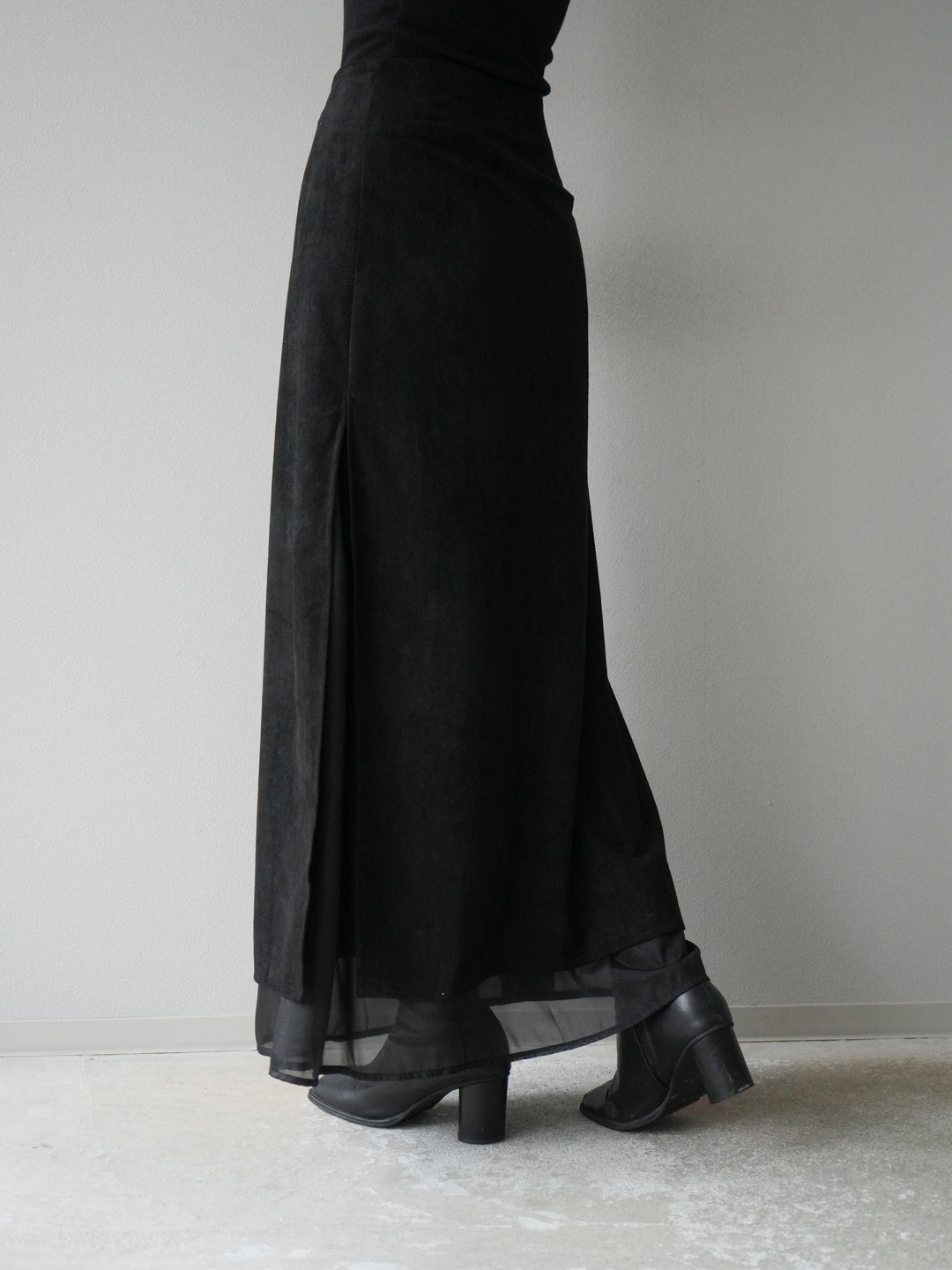 [予約]サイドスリットスウェードドッキングシフォンスカート/ブラック