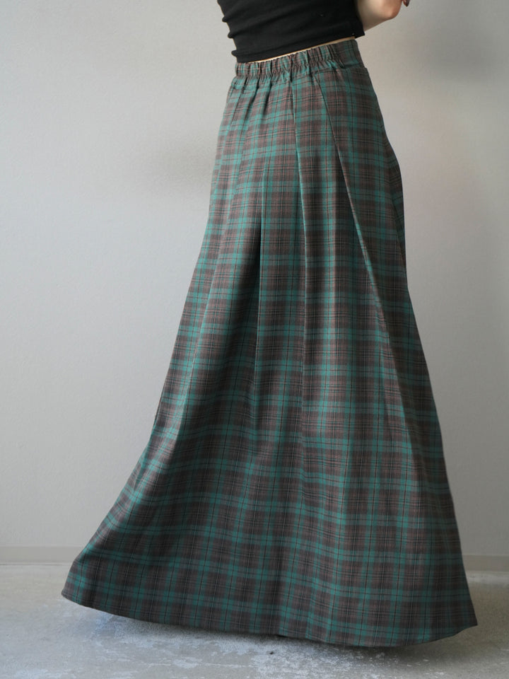 [予約]チェック柄タックフレアスカート/グリーン
