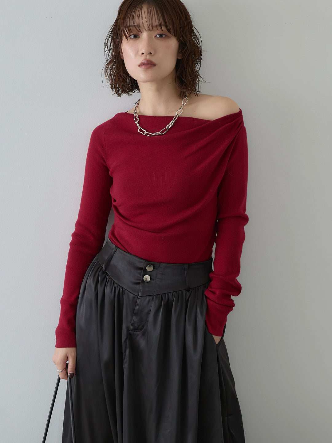 [予約]ドレープニットトップス/red