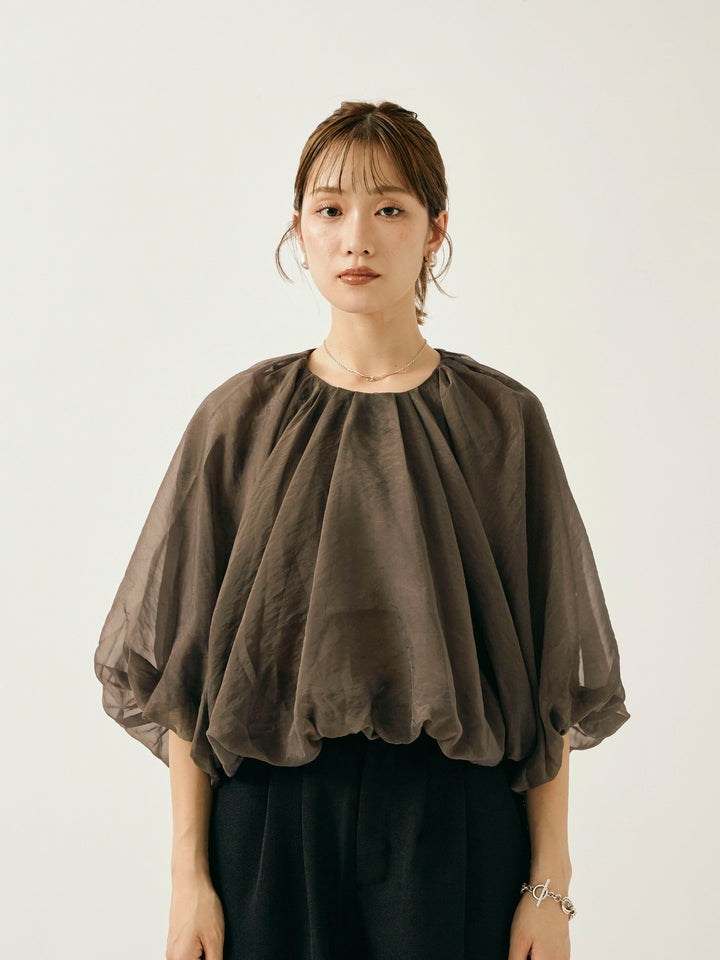 [予約]オーガンジーバルーンショートブラウス/チャコール