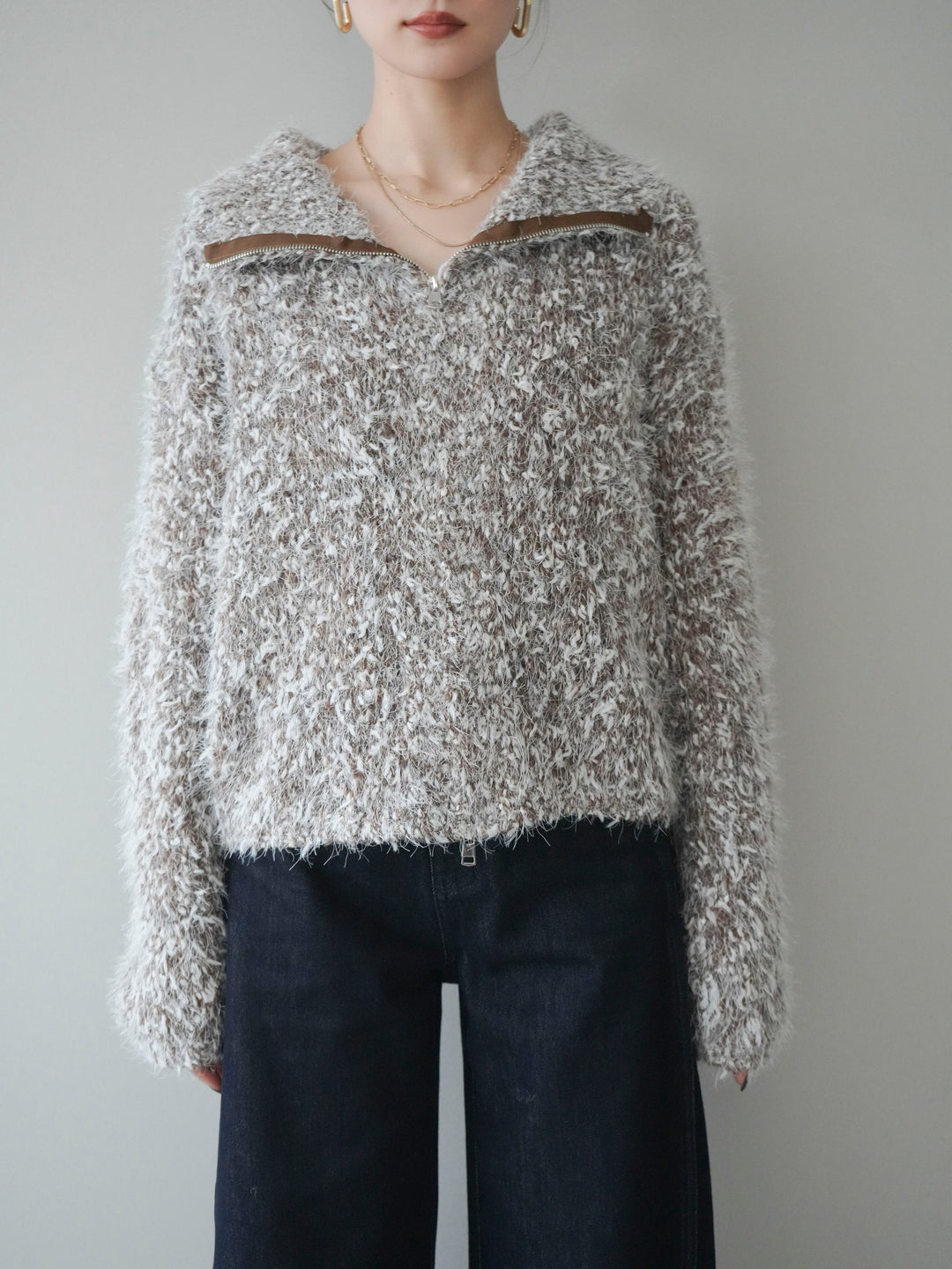 [予約]ミックスシャギージップニットカーディガン/brown