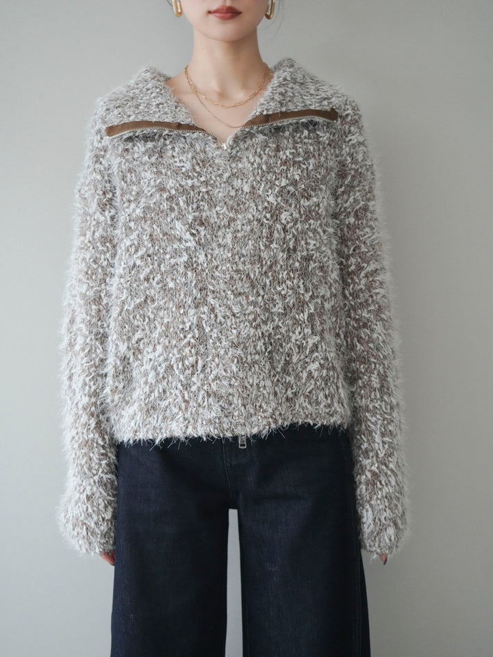 [予約]ミックスシャギージップニットカーディガン/brown