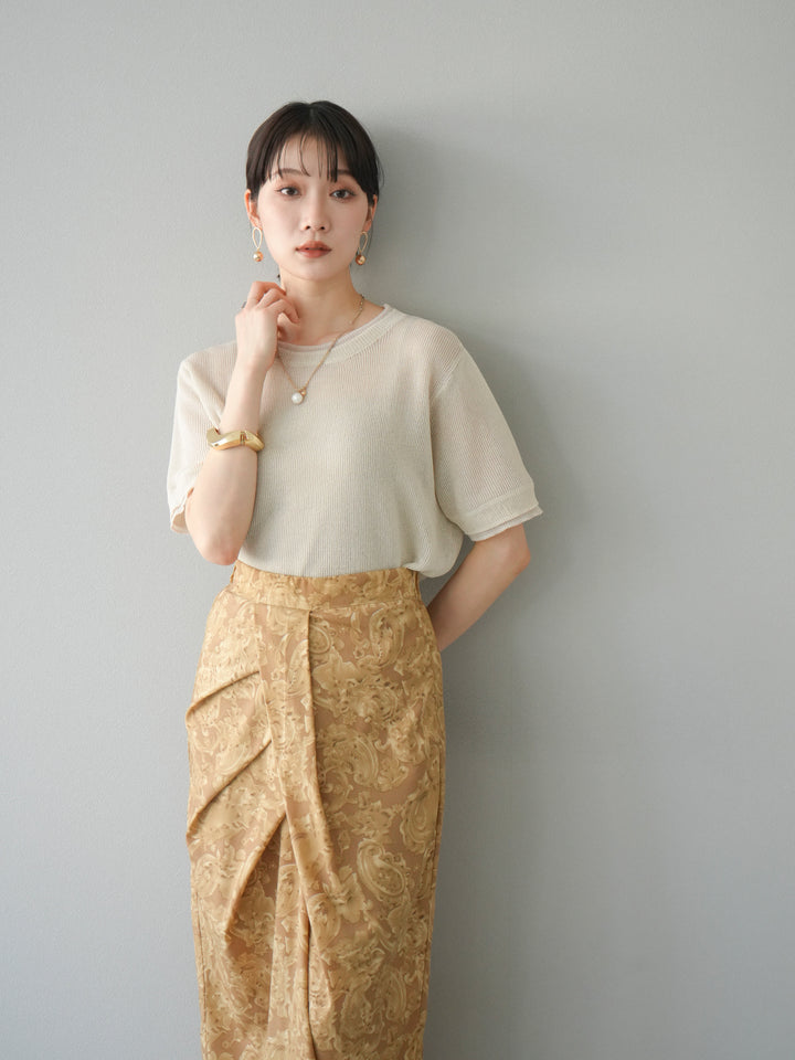 [SET]リネンタッチ配色二重臼ハーフニットトップス+選べるアソート柄スカートセット(2set)