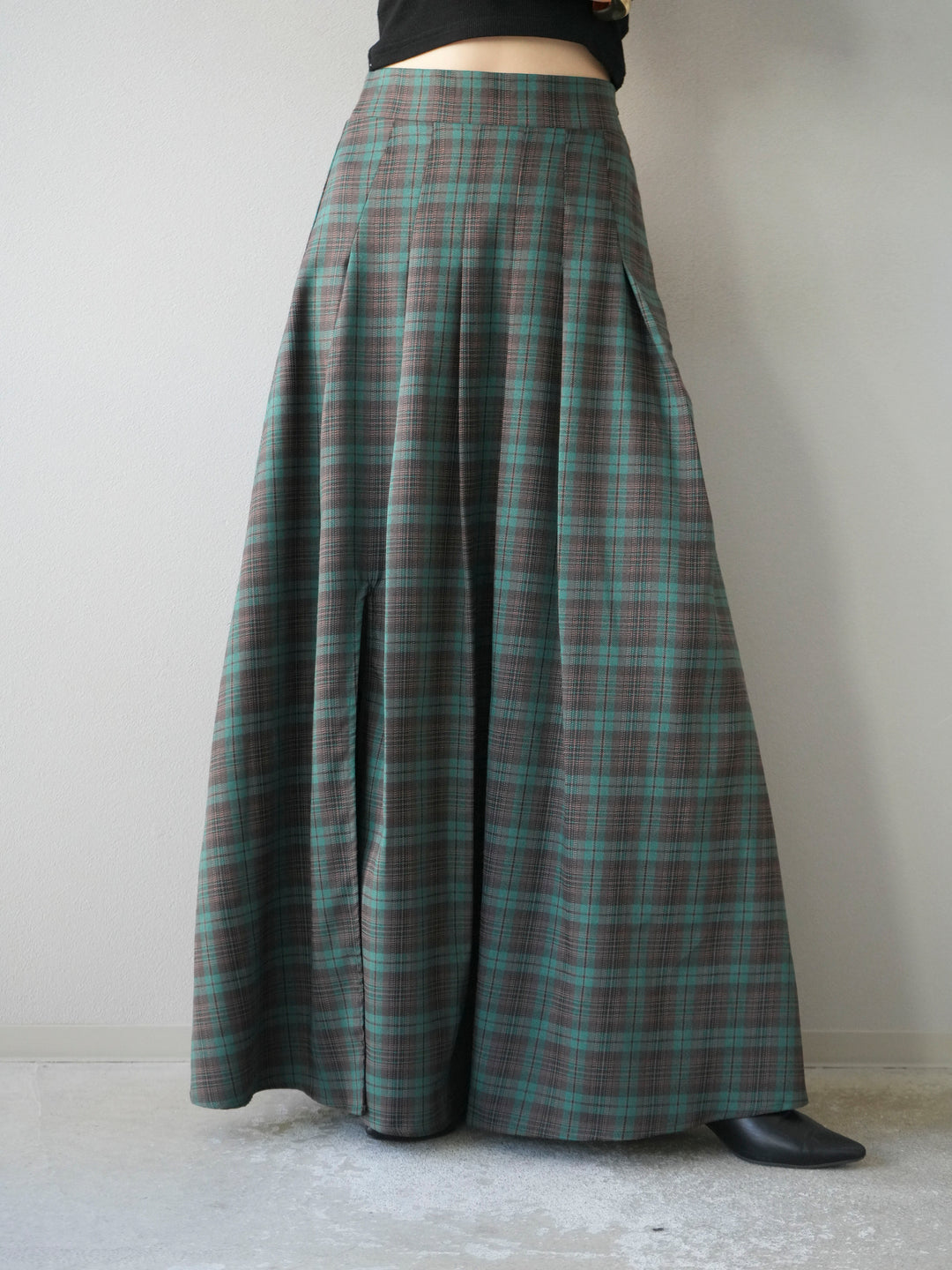 [予約]チェック柄タックフレアスカート/グリーン